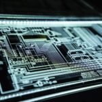 Abstract cybersecurity visualization with digital lock and network data motifs