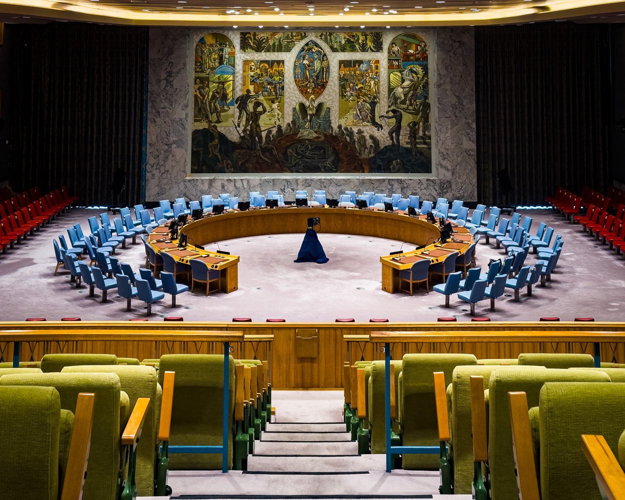 US France UN Security Council walkout: Empty United Nations Security Council chamber at UN Headquarters in New York