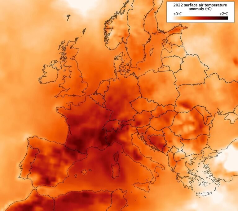 Western Europe hottest June 2026: Copernicus map of surface air temperature anomalies across Europe